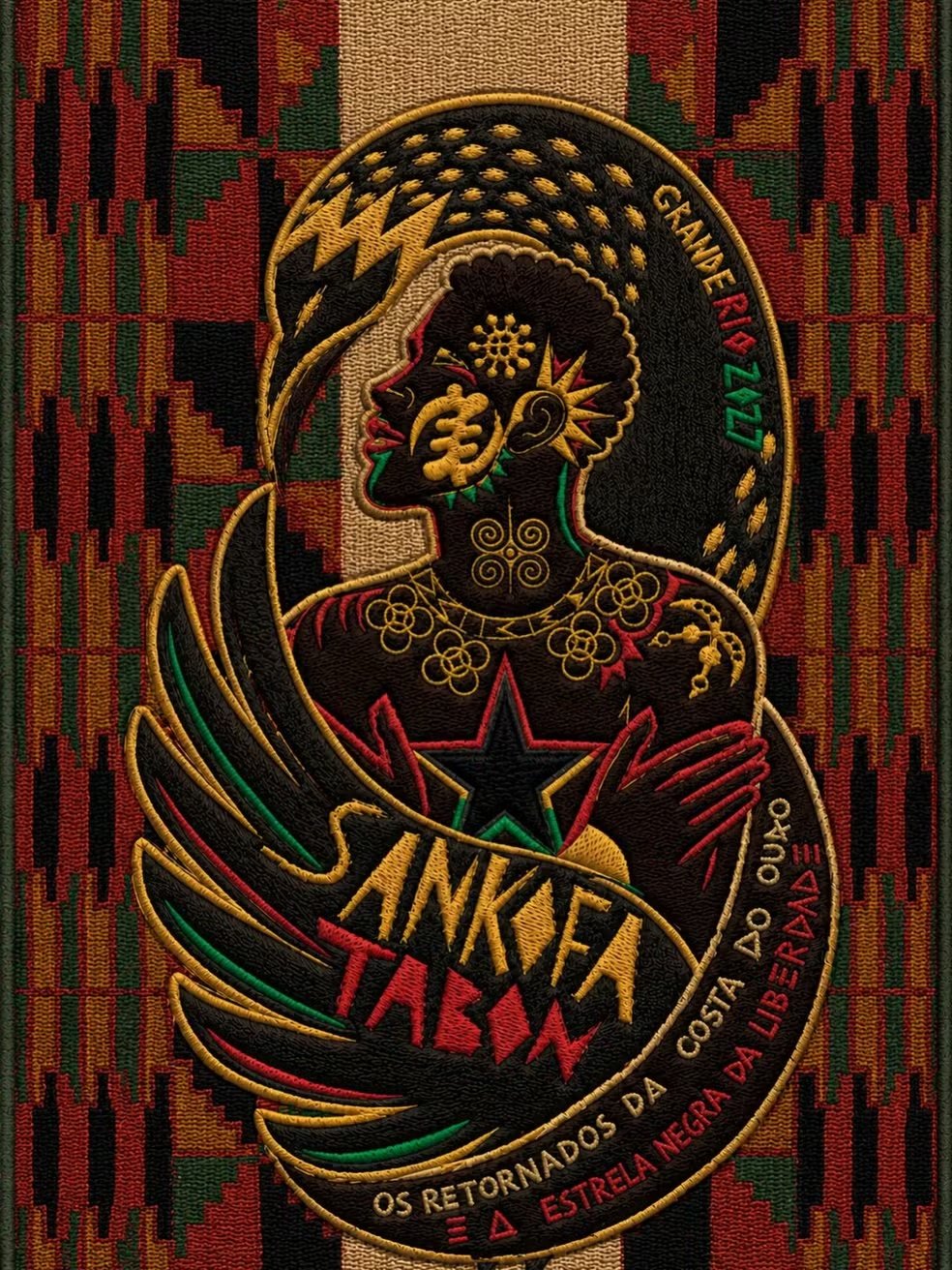 Cartaz do enredo Ankofa Tabon: Os Retornados da Costa do Ouro, a Estrela Negra da Liberdade — Acadêmicos do Grande Rio 2027